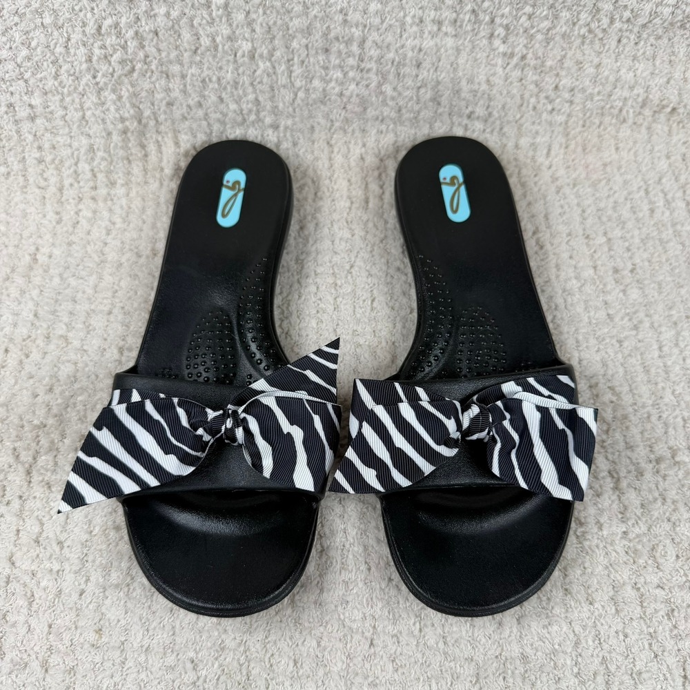 Oka-B Womens Black Slide Sandals Zebra‎ Print Bow Accent Made in USA Size M 7-8